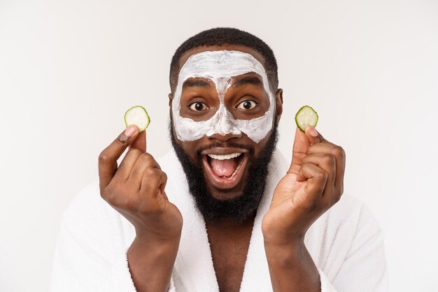 Funny laughing man with mask leads healthy lifestyle rejoicing at morning procedures positive emotio