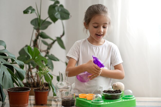 家の部屋に植物を持ち、屋内の植物に水をやり、世話をし、花を移植する面白い小さな女の子の庭師。