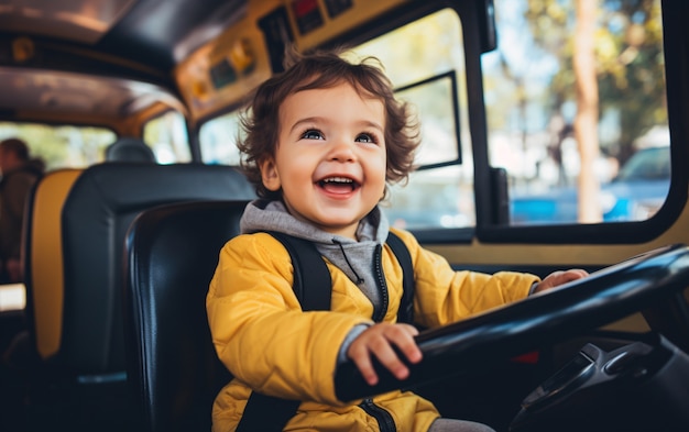 面白い小さな子供が運転している