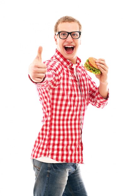 Funny man in glasses eating hamburger isolated on a white