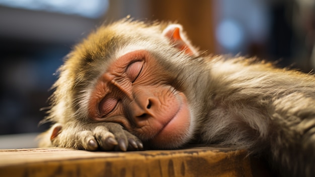 Foto gratuita scimmia divertente che dorme sul tavolo