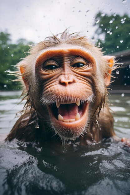 Funny monkey swimming