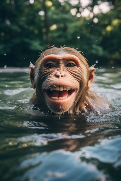 Funny monkey swimming