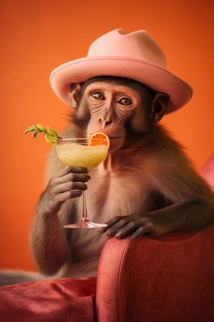 Free photo funny monkey with drink in studio