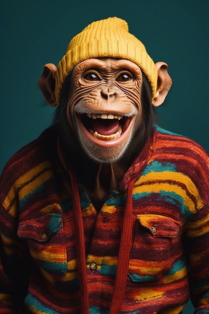 Смешная обезьяна в шляпе в студии