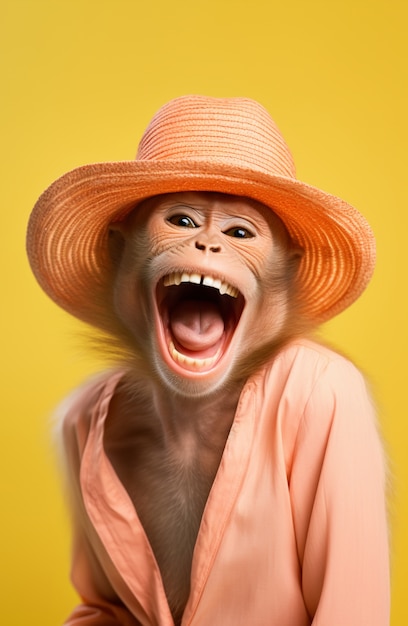Смешная обезьяна в шляпе в студии