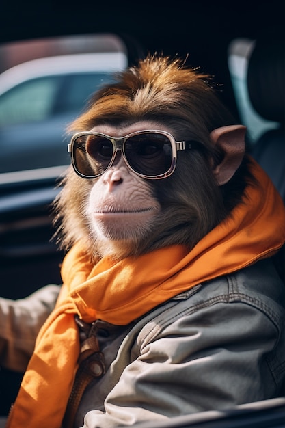 Free photo funny monkey with sunglasses in studio