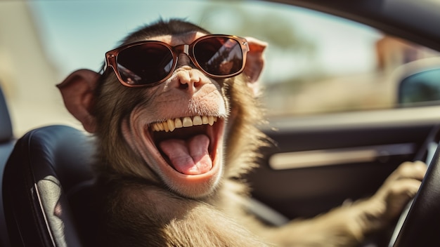 Free photo funny monkey with sunglasses in studio