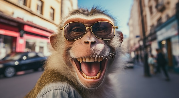 Foto gratuita scimmia divertente con occhiali da sole in studio