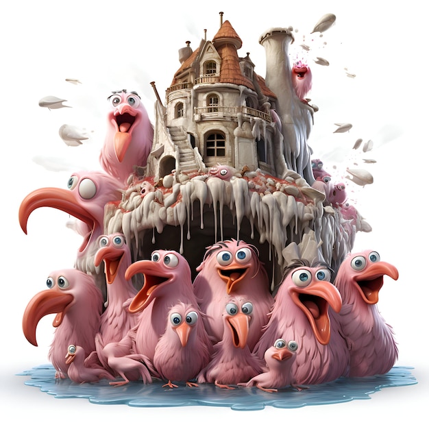 Free photo funny monsters with castle on white background 3d illustration