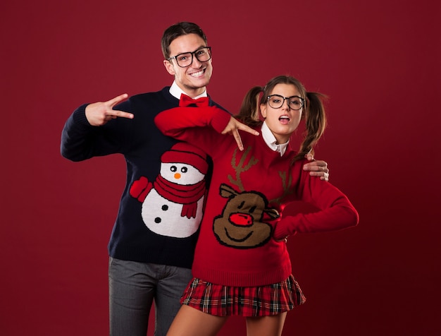 Funny nerd couple pretending to be self-confident