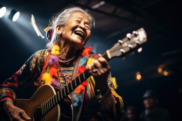 Free photo funny old woman making music