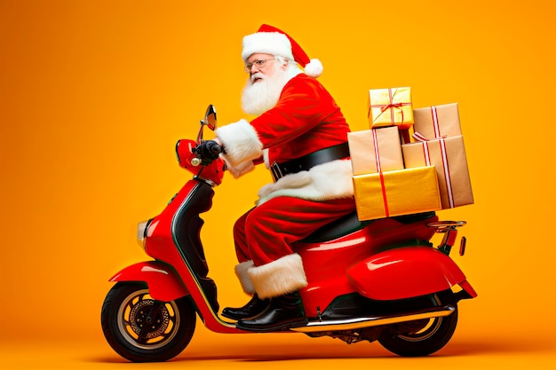 Free photo funny santa claus riding a red motorcycle loaded with gifts on yellow background