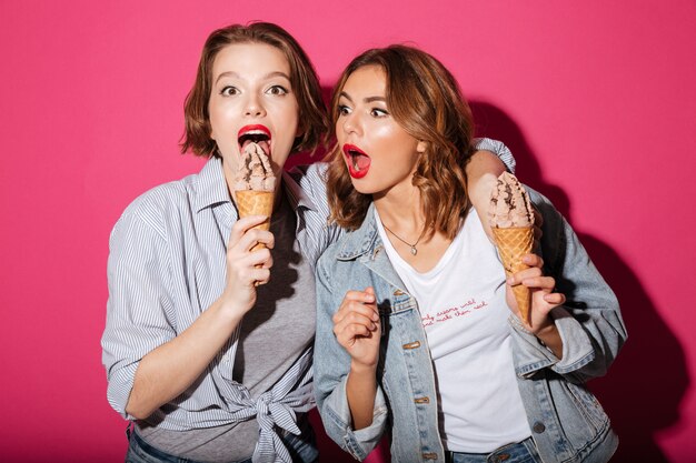 Funny two ladies friends standing isolated