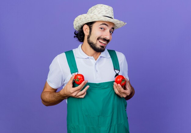 Funny young bearded gardener man wearing jumpsuit and hat holding fresh tomatoes looking at front smiling cheerfully standing over blue wall