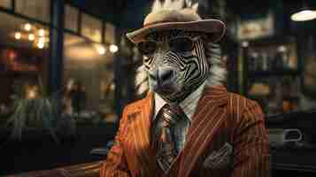 Free photo funny zebra in a suit and a hat in a cafe