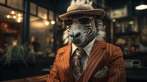 Смешная зебра в костюме и шляпе в кафе