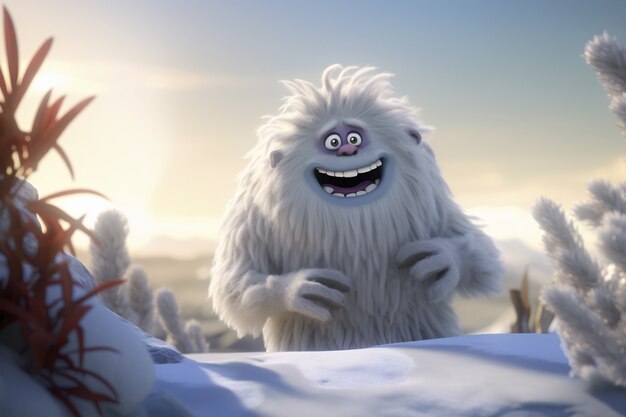 冬の風景の中の毛皮で覆われたイエティ キャラクター クリーチャー