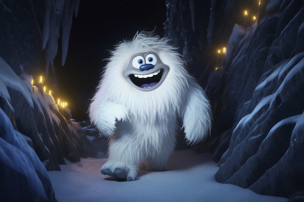 Furry yeti character creature in winter landscape