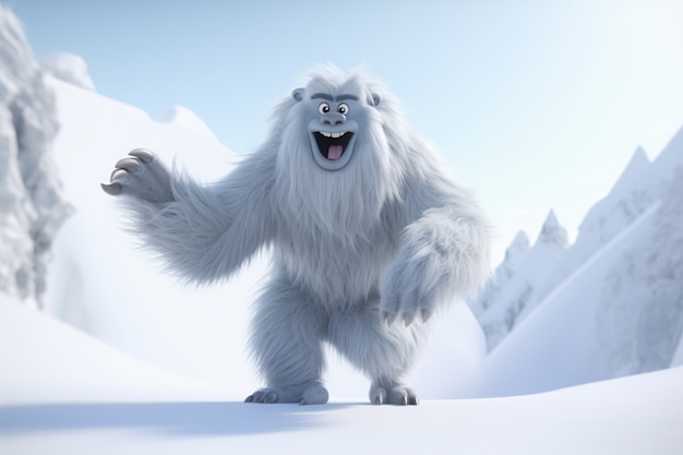 Furry yeti character creature in winter landscape