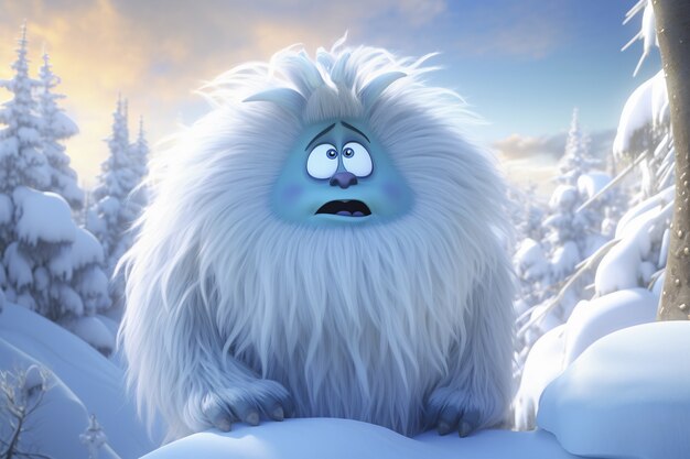 Furry yeti character creature in winter landscape