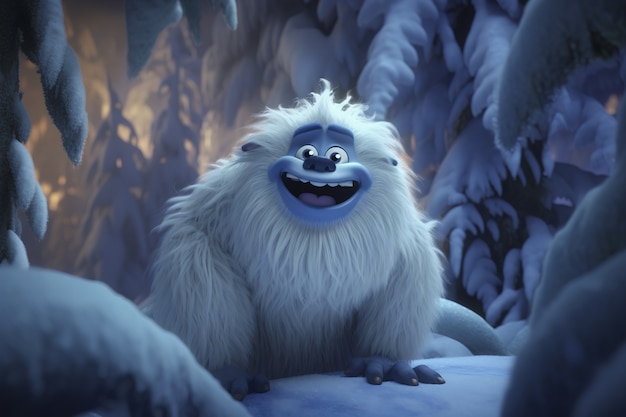 Furry yeti character creature in winter landscape