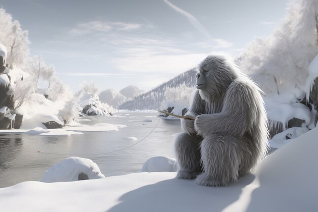 Furry yeti character creature in winter landscape