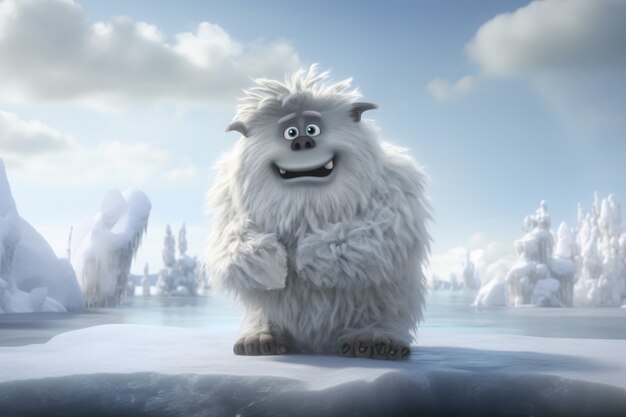 Furry yeti character creature in winter landscape