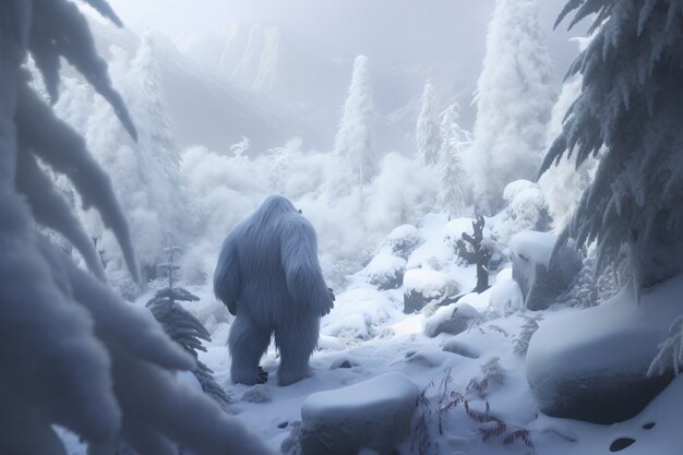 Furry yeti character creature in winter landscape