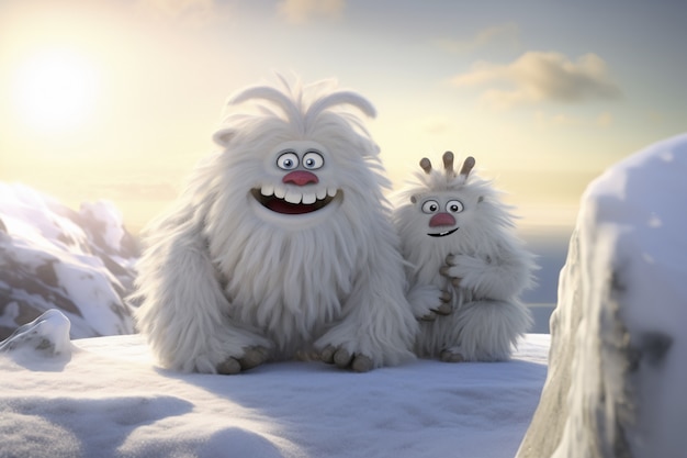 冬の風景の中の毛皮で覆われたイエティ キャラクター クリーチャー