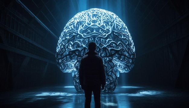 Free photo futuristic businessman pointing to glowing abstract brain generated by ai