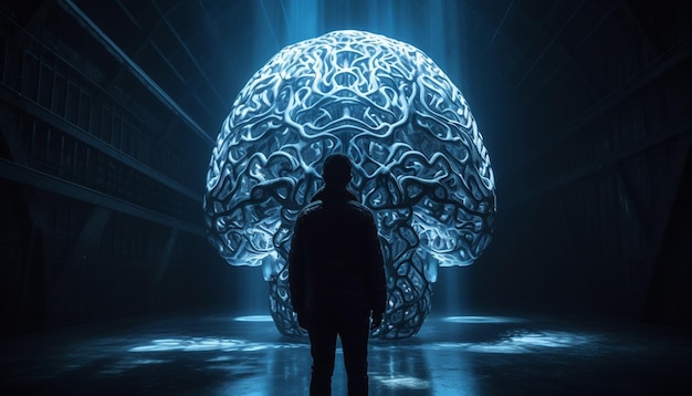 Futuristic businessman pointing to glowing abstract brain generated by AI