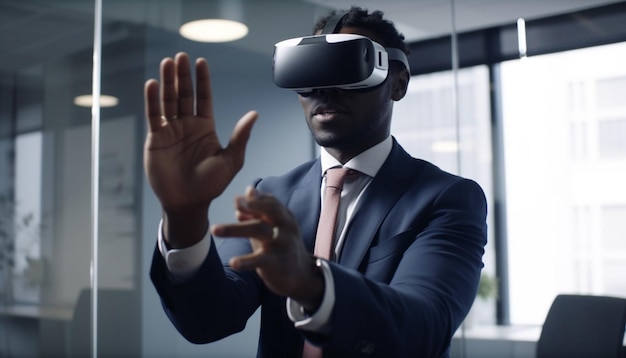 Free photo futuristic businessman uses virtual reality for innovation success generated by ai