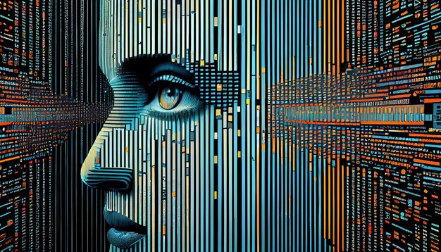Futuristic computer graphic of glowing human face generative AI