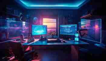 Free photo futuristic computer lab with bright blue lighting generated by ai