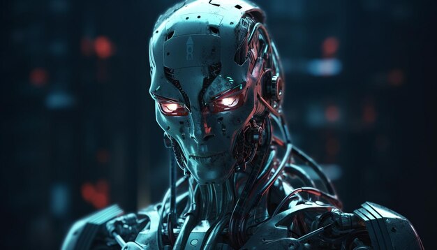 AI によって生成された暗黒機械産業の未来的なサイボーグ男性