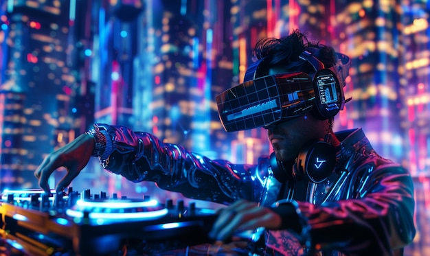 Foto gratuita dj futuristico che usa occhiali di realtà virtuale per fare headline a una festa e suonare musica