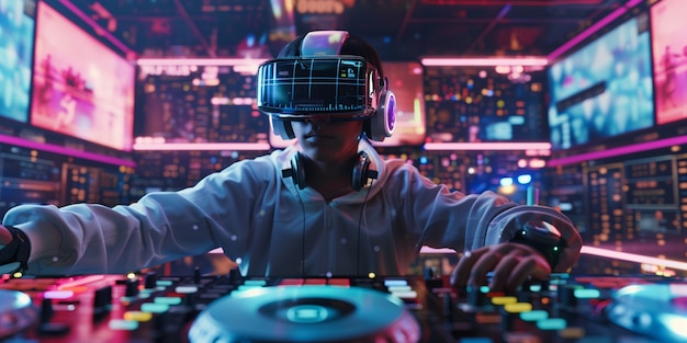 Foto gratuita dj futuristico che usa occhiali di realtà virtuale per fare headline a una festa e suonare musica