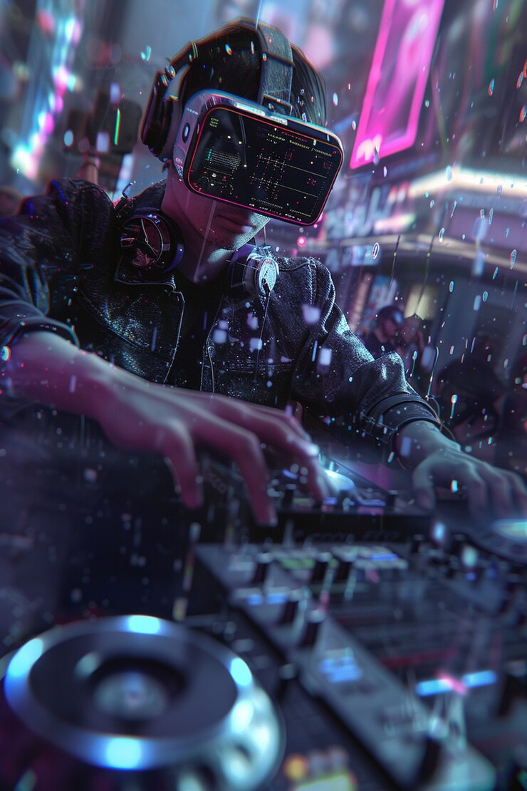 Free Photo futuristic dj using virtual reality glasses to headline party and play music