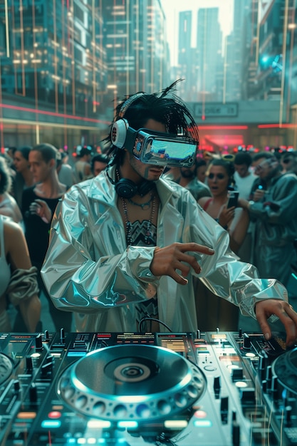 Free photo futuristic dj using virtual reality glasses to headline party and play music