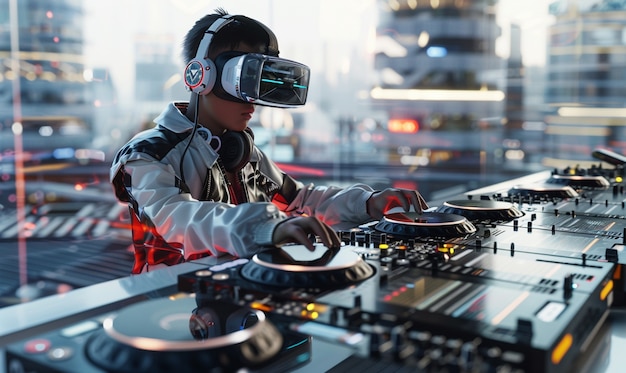 무료 사진 가상 현실 안경을 사용하여 파티의 헤드라인과 음악을 연주하는 미래의 dj