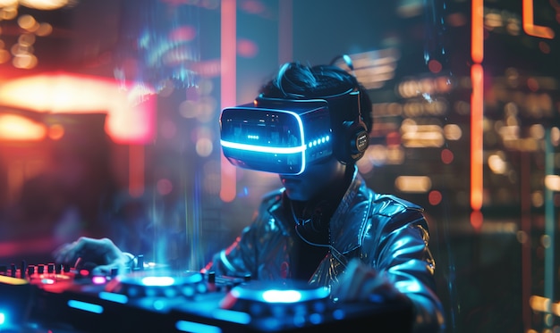 Бесплатное фото futuristic dj using virtual reality glasses to headline party and play music