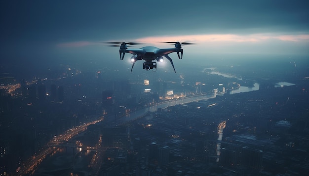 Futuristic drone hovers mid air surveilling cityscape generated by AI