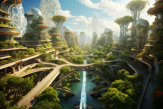 Free photo futuristic environmentally friendly city with green spaces