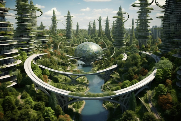 Free photo futuristic environmentally friendly city with green spaces