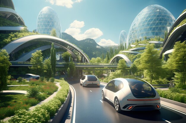 Futuristic environmentally friendly city with green spaces