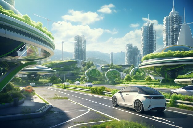 Futuristic environmentally friendly city with green spaces