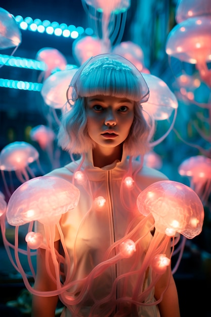 Foto gratuita scena di fantasia futuristica con costume astratto