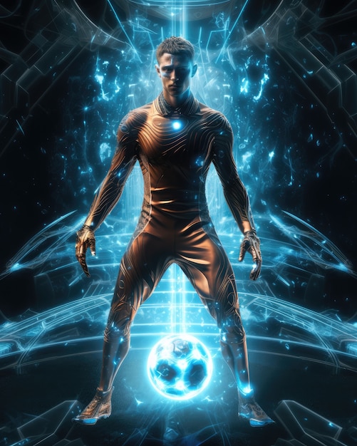 Futuristic football soccer player with glowing lights