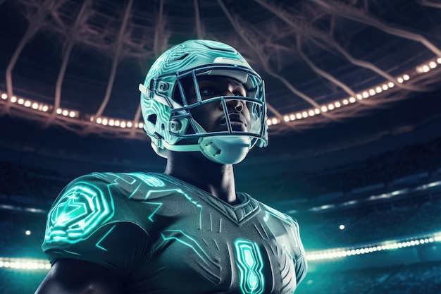 Futuristic football soccer player with glowing lights